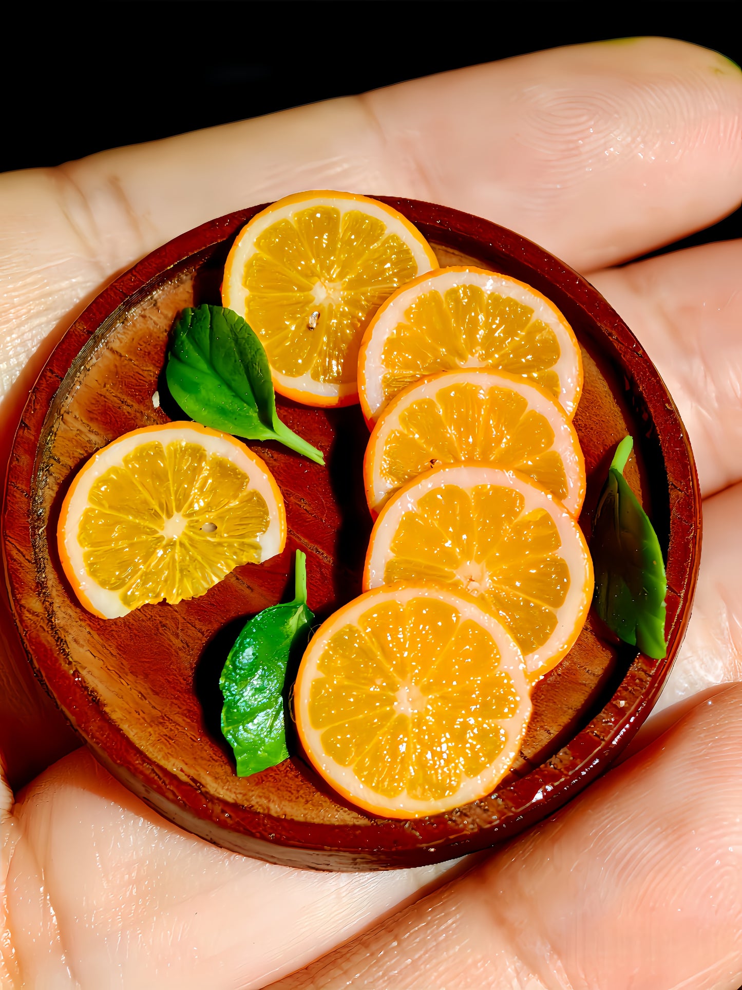 8Pcs Miniature Orange Set – Hand-Sculpted 1:12 Scale Dollhouse Oranges with Translucent Slices and Green Leaves, Realistic Tiny Citrus for Dioramas, Resin Jewelry & Polymer Clay Food Miniatures