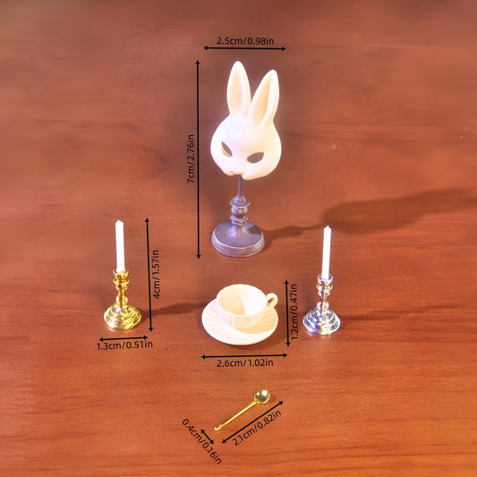 1:6 Scale Miniature Rabbit Mask, Gold & Silver Candle Holders, and Coffee Cup Set - Ideal for Creative Gifts, Dollhouse Accessories, and Unique Novelty Collectibles for Ages 14+