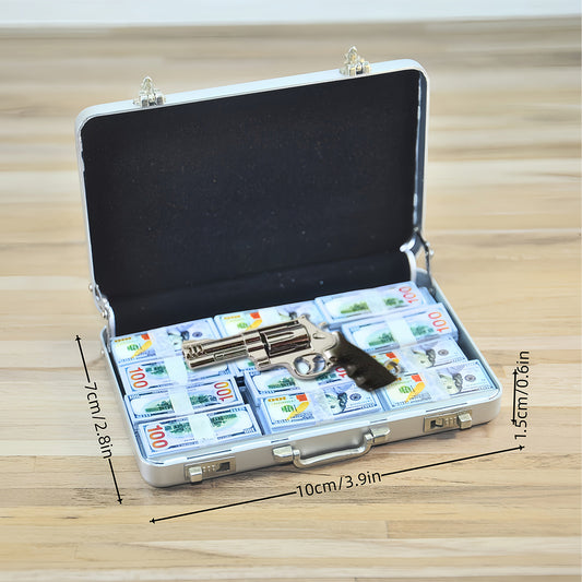 1:6 Silver Alloy Mini Briefcase Set - Creative Model House Decor for Adults, Office Style Replica with Security Case & Money Bundles, Miniature Photography Props