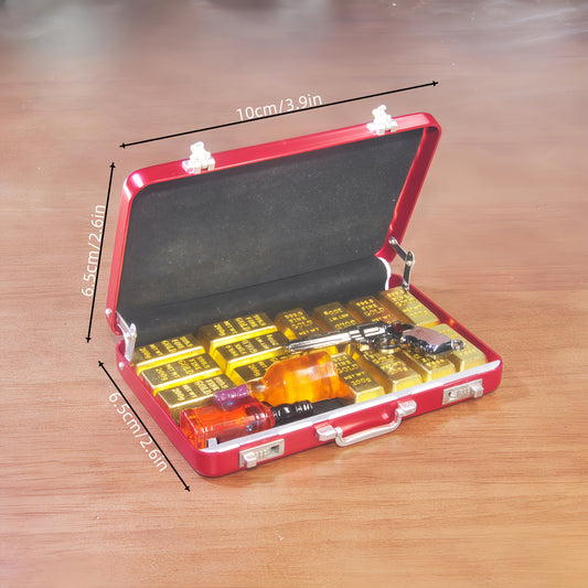 1:6 Scale Miniature Red Briefcase Set - Includes 14 Mini Gold Bars, 2 bottles of Whiskey, and 8 Vintage Coins - Unique Adult NoveltyToy & Dollhouse Accessories