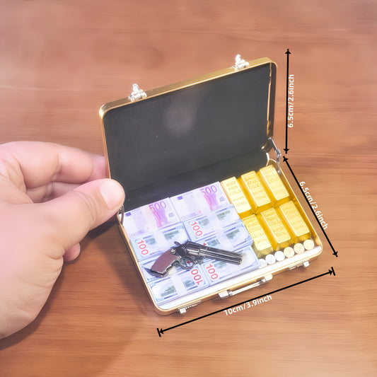 1:6 Scale Miniature Golden Briefcase Set - Includes Mini Replica GoldenBar, Mini Bills, Revolver, & Vintage Coin - Unique Adult Novelty for Ages 14+ - Perfect for Collectors & Dollhouse Enthusiasts