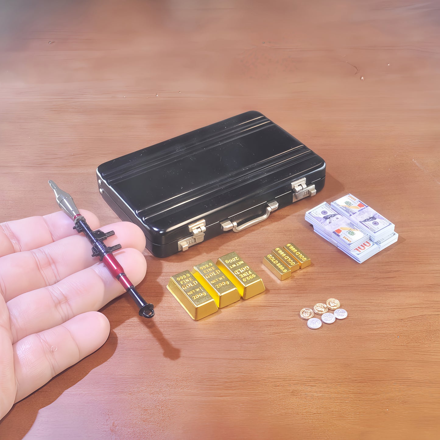 1:6 Scale Miniature Red Briefcase Set -Comes with 1 Heavy Weapon,Mini GoldenBars, Miniature Bills and Antique Coins - Unique Adult Novelty Toys,Creative Gift and Dollhouse Accessories