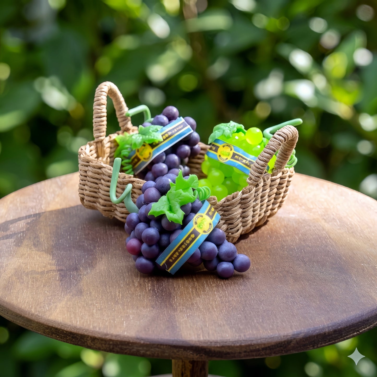 Miniature Grapes - Hand-Sculpted 1:6 Scale Grape Clusters with Vine Tendrils, Leaves & Fruit-Shop Wrap, Purple & Shine Muscat Green, Realistic Dollhouse Fruit for Blythe & Barbie Dioramas, Polymer Clay Food