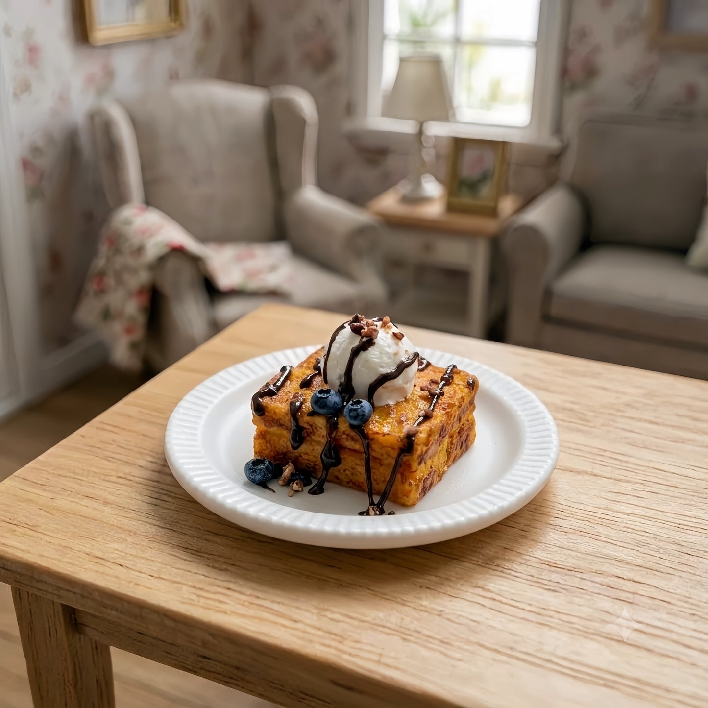 Miniature Honey Toast - Hand-Sculpted 1:6 Scale Shibuya Toast Dessert with Ice Cream Scoop, Chocolate Drizzle & Blueberries, Realistic Tiny Café Food for Blythe & Barbie Dioramas, Polymer Clay Food