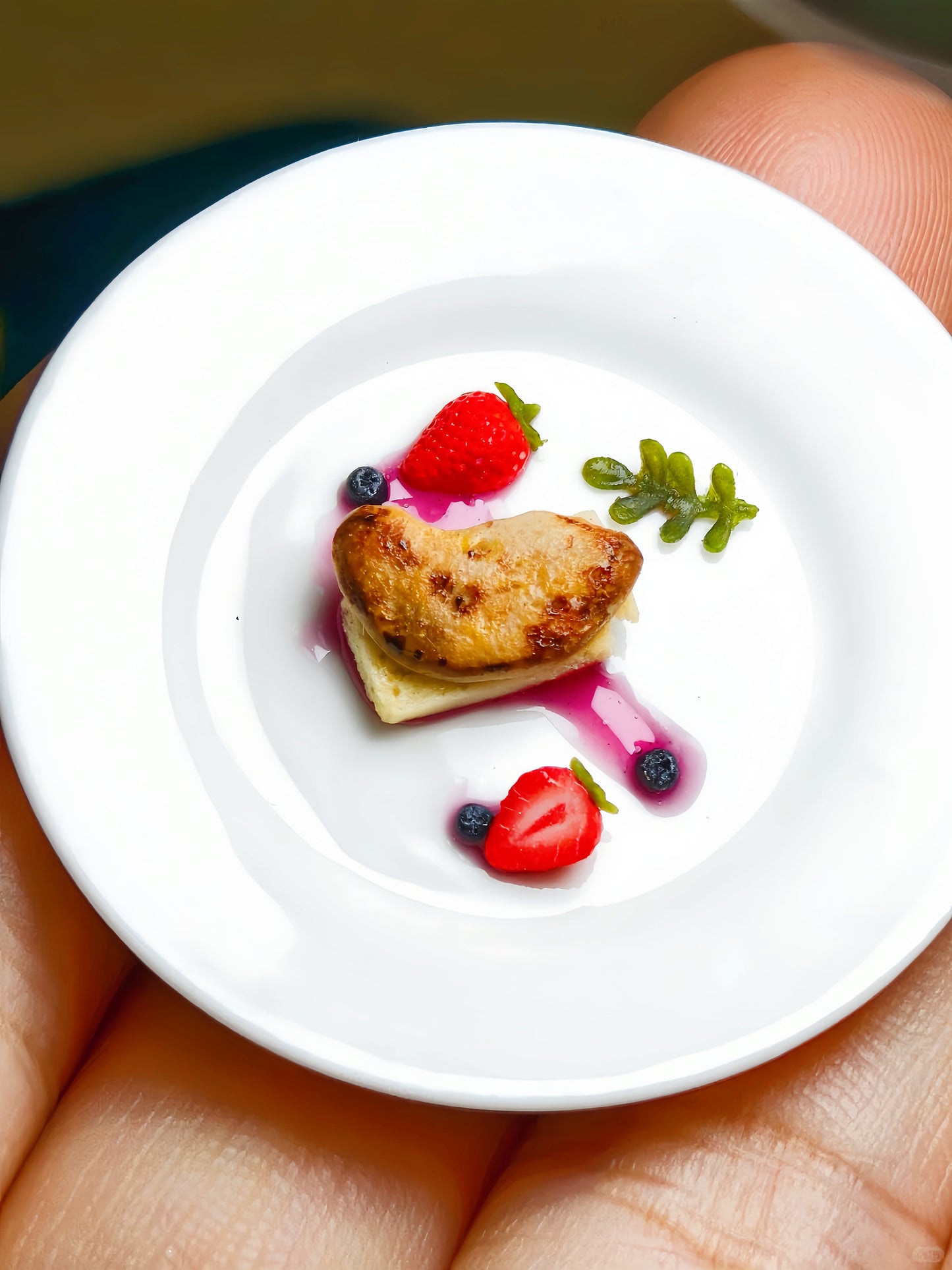 Miniature Seared Foie Gras - Hand-Sculpted 1:6 Scale Fine Dining Plated Dish with Berry Coulis, Strawberry & Blueberry Garnish on Brioche, Realistic Tiny Gourmet Food for Blythe & Barbie Dioramas, Polymer Clay Food