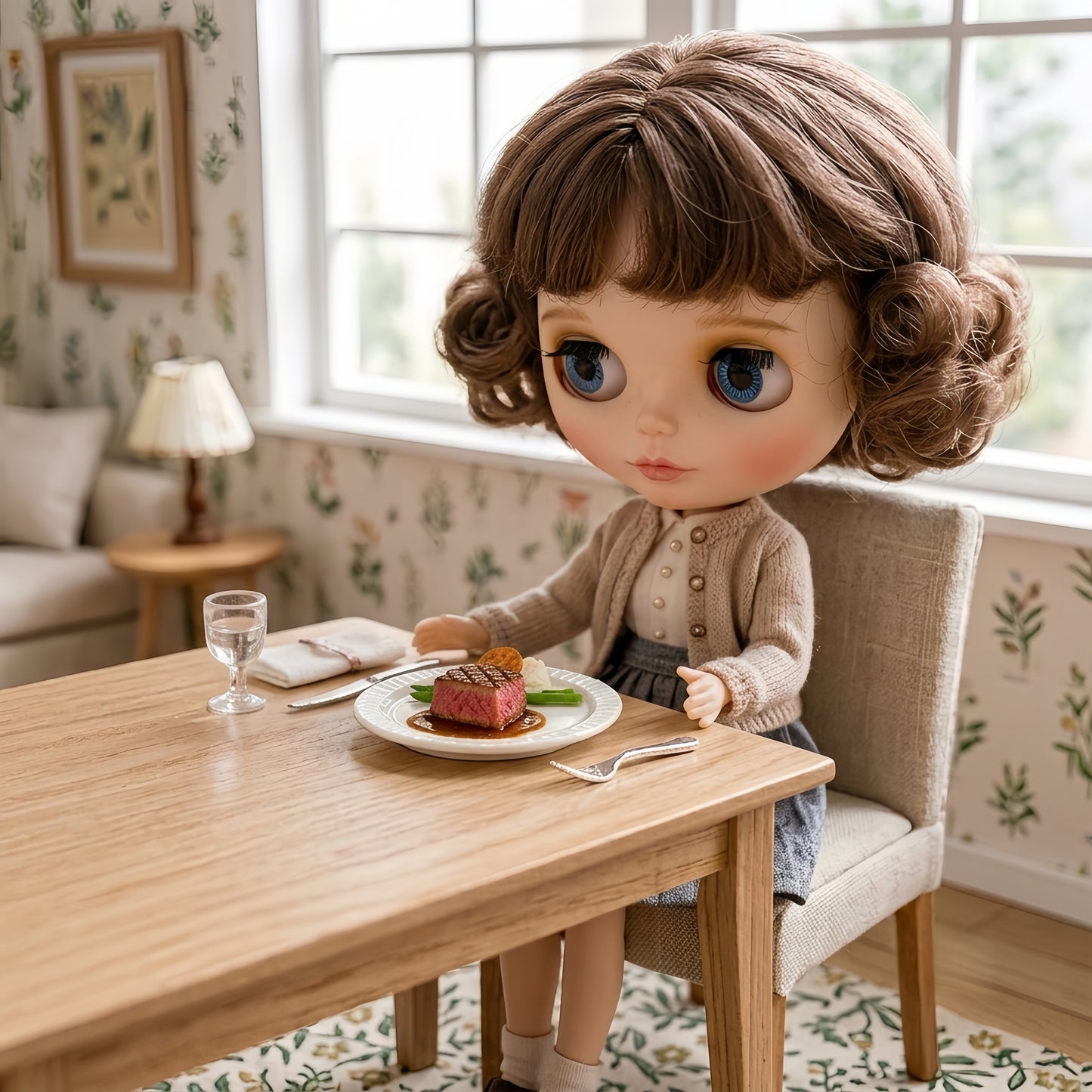 Miniature Grilled Steak - Hand-Sculpted 1:6 Scale Fine Dining Filet Mignon with Red Wine Jus, Asparagus & Purée, Realistic Tiny Gourmet Plated Dish for Blythe & Barbie Dioramas, Polymer Clay Food