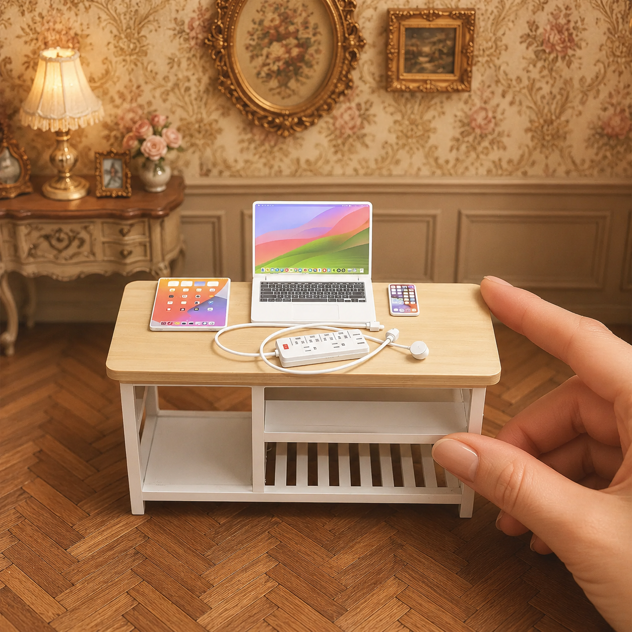 1:6 Scale Miniature Modern Tech Set - Dollhouse Laptop, Tablet, Smartphone & Power Strip - Realistic Office Accessories (White Edition)