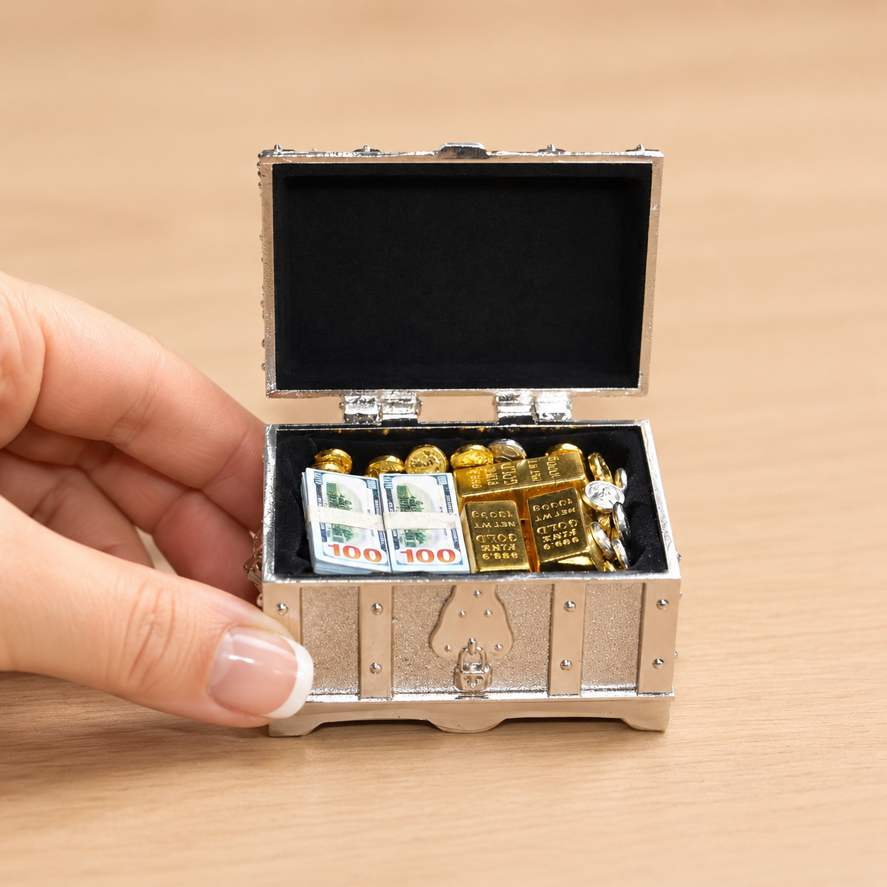 1:6 Scale Miniature Silver Treasure Chest Elite Set - Includes Bullion, Coins & Cash