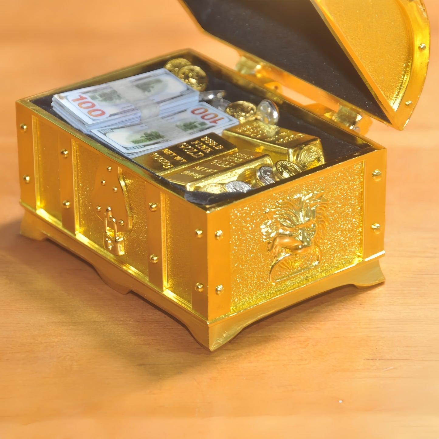 1:6 Scale Miniature Golden Treasure Chest Set - Includes Gold Bars, Coins & $100 Bills