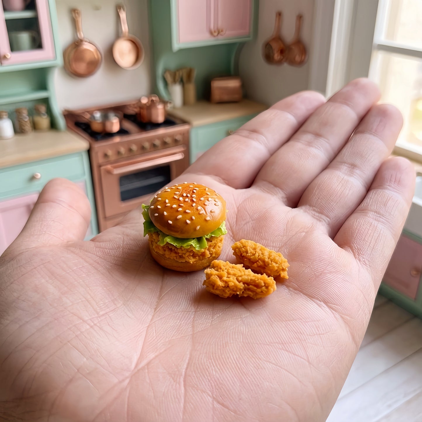 Miniature Burger Collection - Hand-Sculpted 1:6 Scale Dollhouse Burgers, 4 Styles: Classic Cheeseburger, Sesame Beef Burger, Fried Chicken Burger & Breakfast Muffin Sandwich, Realistic Tiny Fast Food for Blythe & Barbie Dioramas, Polymer Clay Food