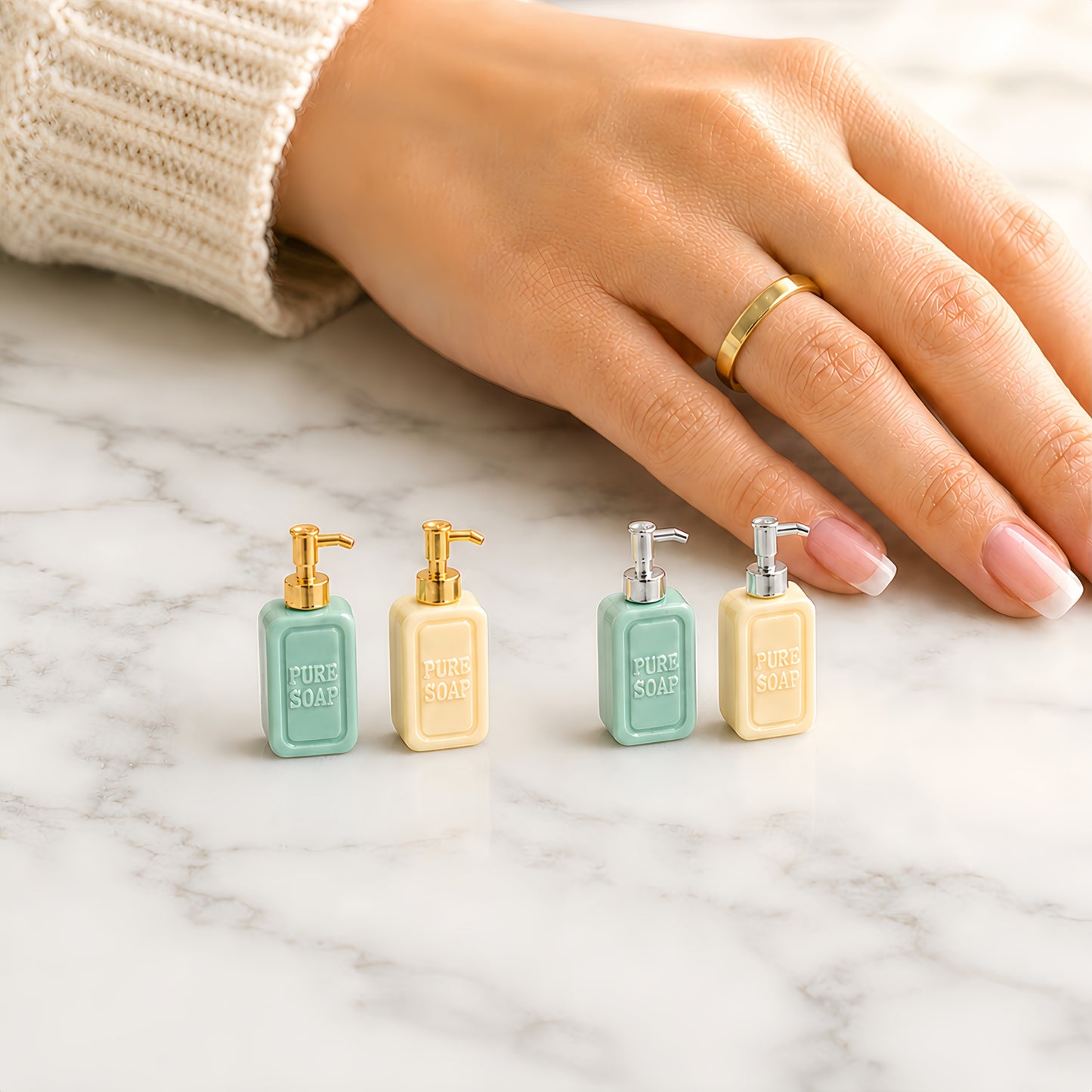 FDMINI Mini "Pure Soap" Dispenser Set – 2 Bottles per Set with Gold or Silver Pumps, Miniature Ceramic Soap Pump Bottles for 1:12 Dollhouse Bathroom