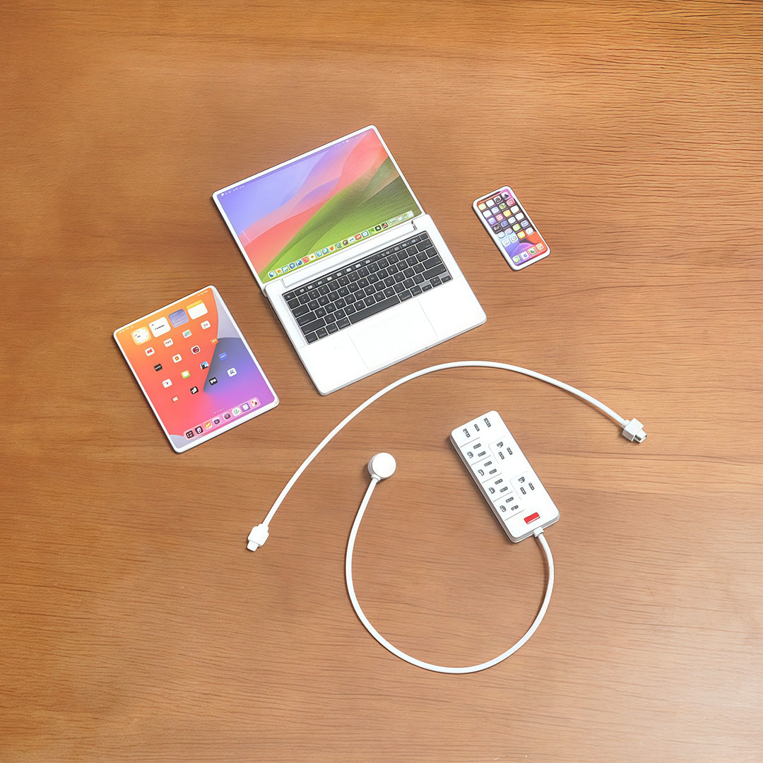 1:6 Scale Miniature Modern Tech Set - Dollhouse Laptop, Tablet, Smartphone & Power Strip - Realistic Office Accessories (White Edition)