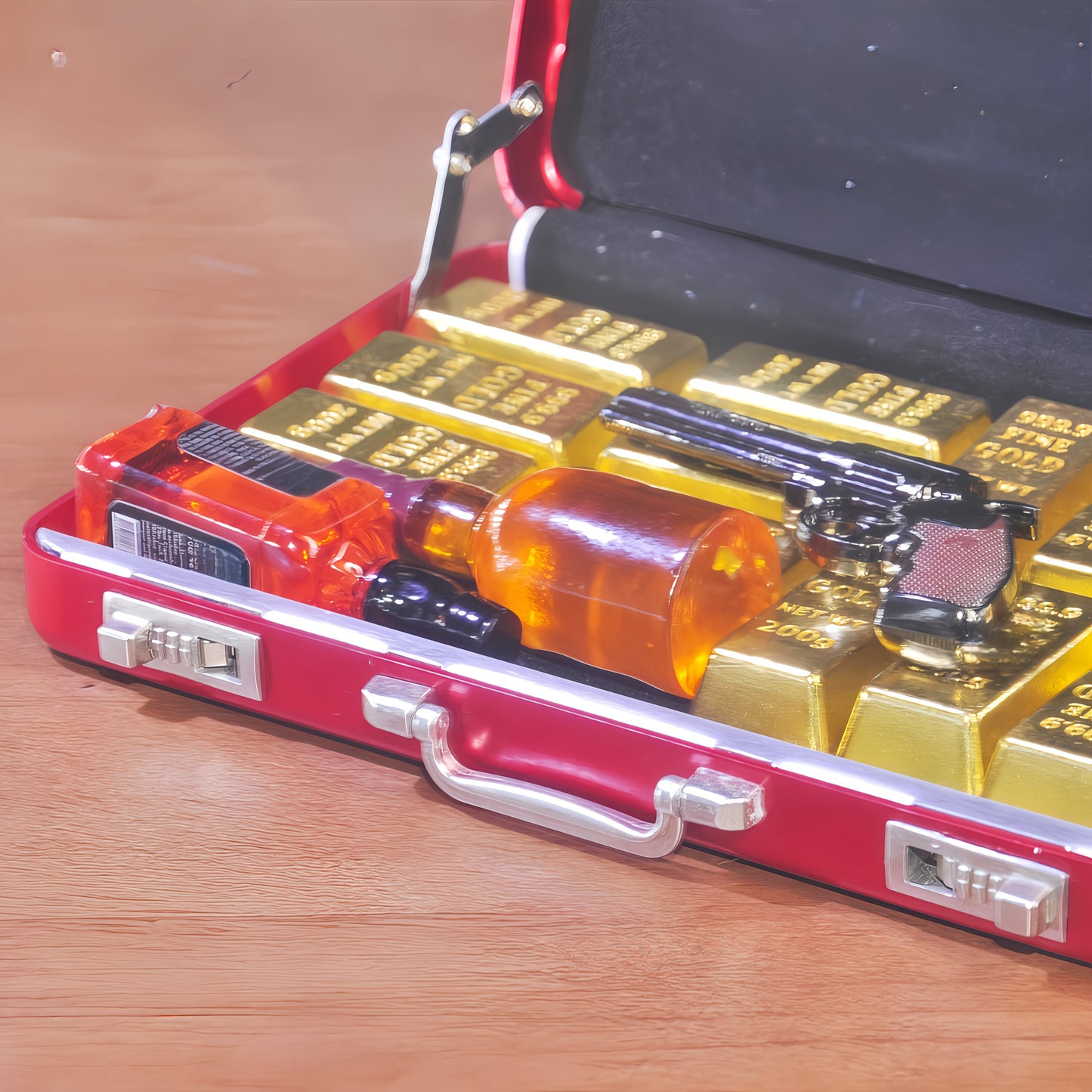 1:6 Scale Miniature Red Briefcase Set - Includes 14 Mini Gold Bars, 2 bottles of Whiskey, and 8 Vintage Coins - Unique Adult NoveltyToy & Dollhouse Accessories