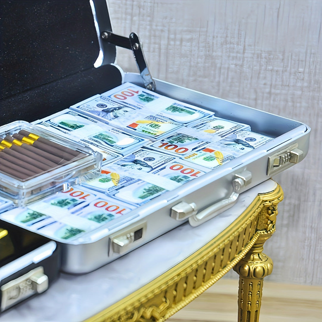 1:6 Silver Alloy Mini Briefcase Set - Creative Model House Decor for Adults, Office Style Replica with Security Case & Money Bundles, Miniature Photography Props