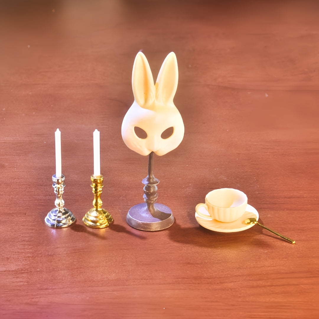 1:6 Scale Miniature Rabbit Mask, Gold & Silver Candle Holders, and Coffee Cup Set - Ideal for Creative Gifts, Dollhouse Accessories, and Unique Novelty Collectibles for Ages 14+
