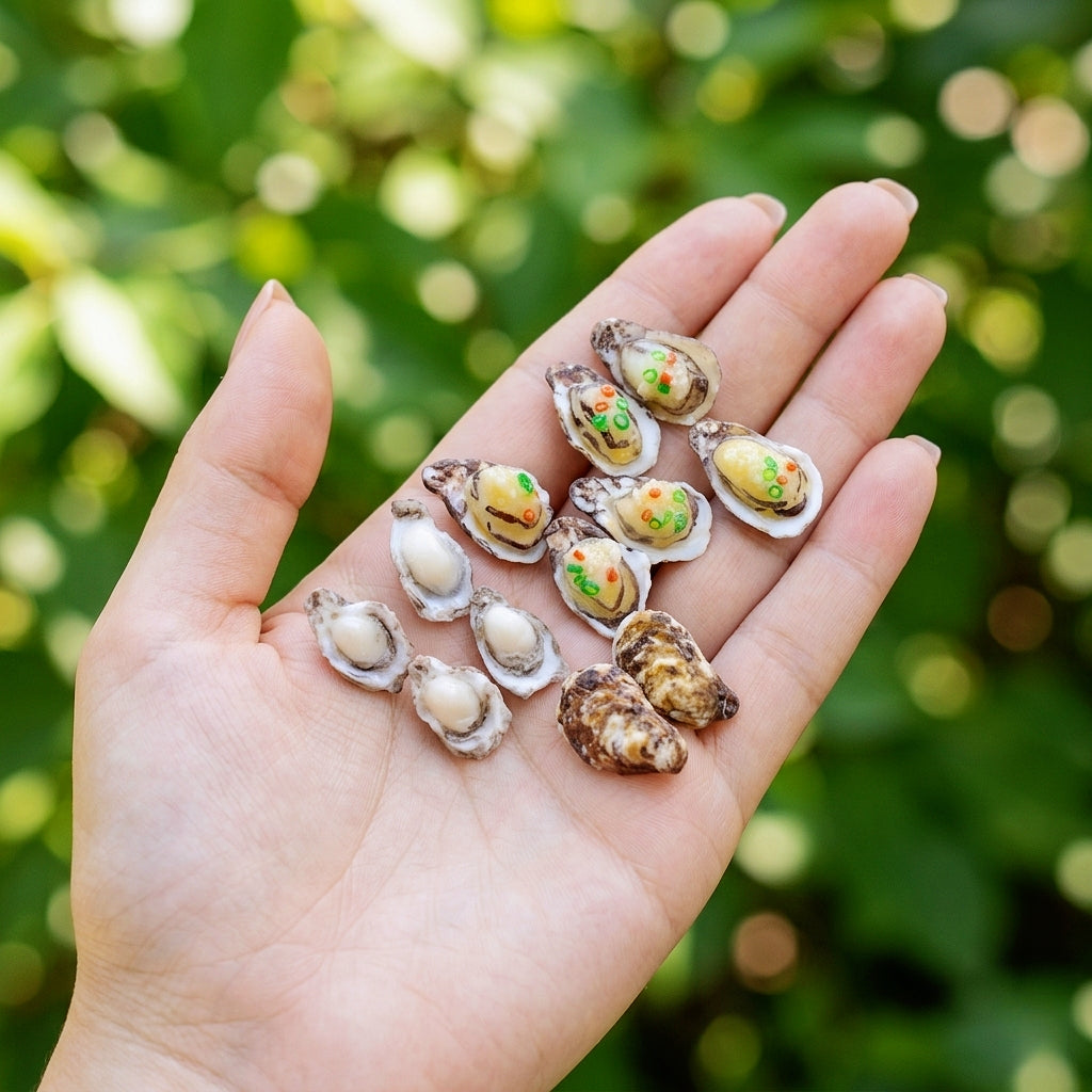 Miniature Grilled Oysters - Hand-Sculpted 1:6 Scale Garlic Oysters on the Half Shell with Scallion & Chili, Realistic Seafood Dollhouse Food for Blythe & Barbie Kitchen Dioramas, Resin Jewelry & Polymer Clay Food