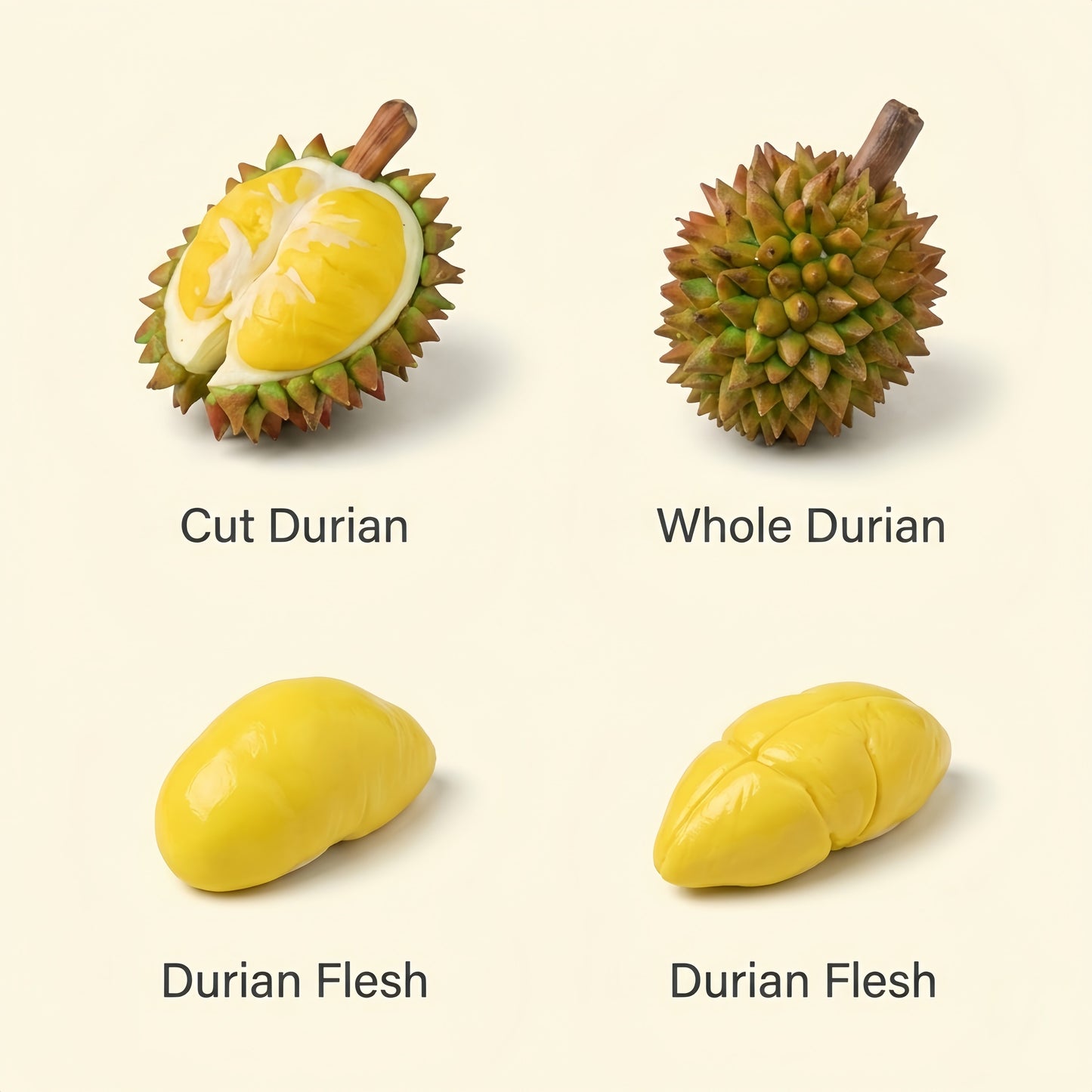 4Pcs Miniature Durian Set – Hand-Sculpted 1:6 Scale Dollhouse Durian with Spiky Shell, Cut Open and Loose Flesh Pods, Realistic Tiny Southeast Asian Fruit for Blythe & Barbie Dioramas, Resin Jewelry & Polymer Clay Food Miniatures