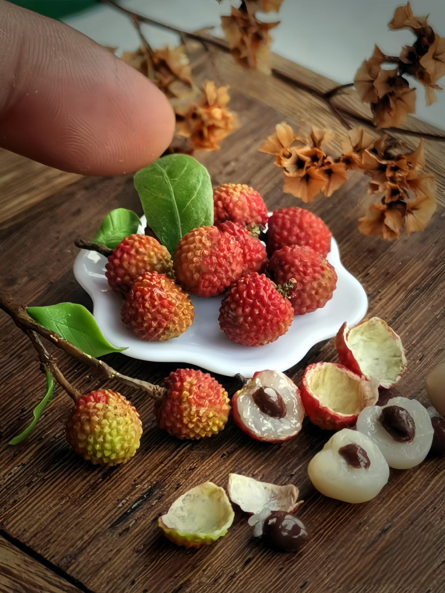 15Pcs Miniature Lychee Set – Hand-Sculpted 1:12 Scale Dollhouse Lychees with Bumpy Red Shell, Translucent White Flesh and Dark Seed, Realistic Tropical Fruit Miniatures for Dioramas & Polymer Clay Art