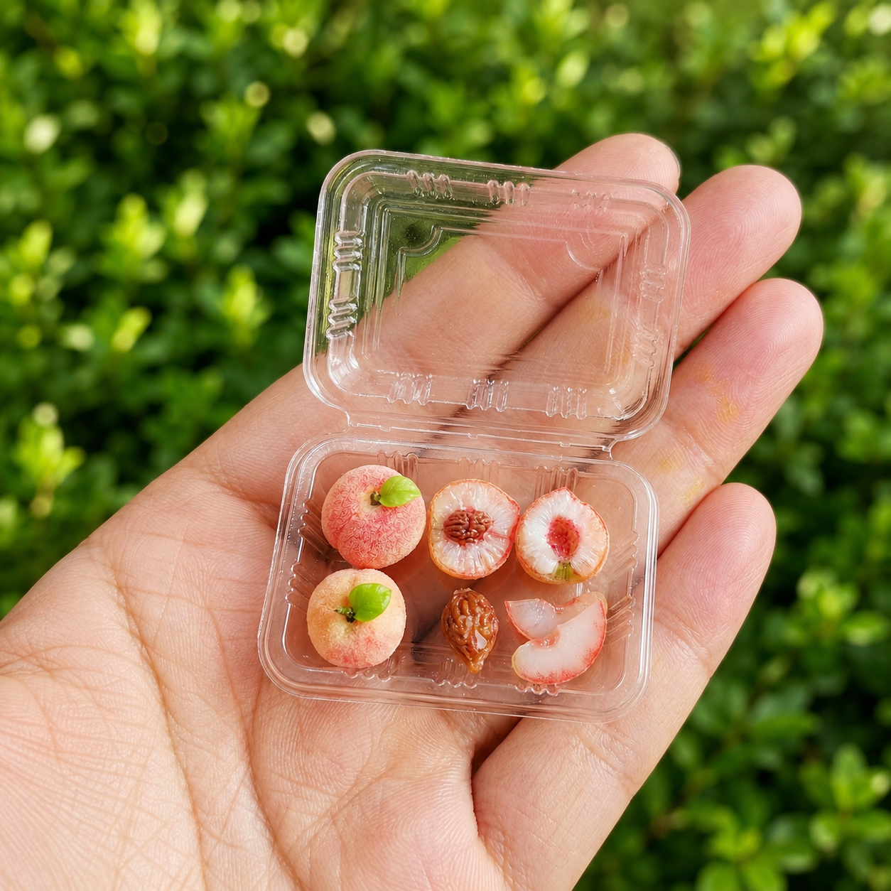 6Pcs Miniature White Peach Set – Hand-Sculpted 1:12 Scale Dollhouse Peaches with Fuzzy Skin, Halved Cross-Section, Pit and Slice, Realistic Tiny Fruit for Dioramas, Resin Jewelry & Polymer Clay Food Miniatures