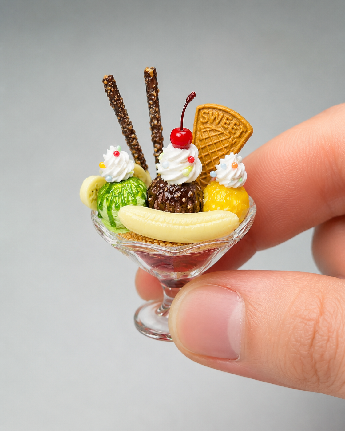 1:6 Scale Miniature Banana Split Sundae Cup Collection – 5 Styles Dollhouse Ice Cream Parfait with Taiyaki, Pretzel & Matcha, Handmade Polymer Clay Japanese Café Food for Blythe BJD Diorama