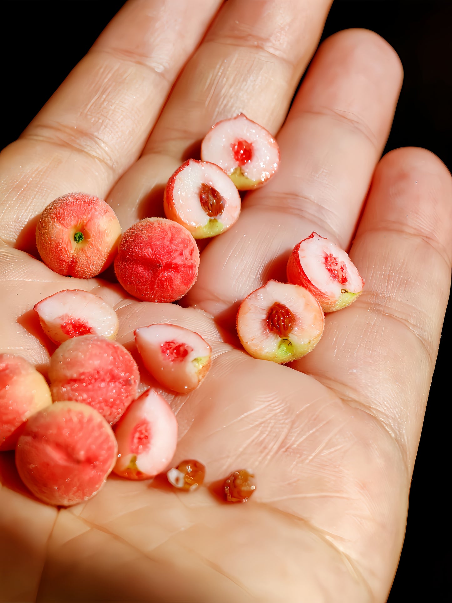 6Pcs Miniature White Peach Set – Hand-Sculpted 1:12 Scale Dollhouse Peaches with Fuzzy Skin, Halved Cross-Section, Pit and Slice, Realistic Tiny Fruit for Dioramas, Resin Jewelry & Polymer Clay Food Miniatures