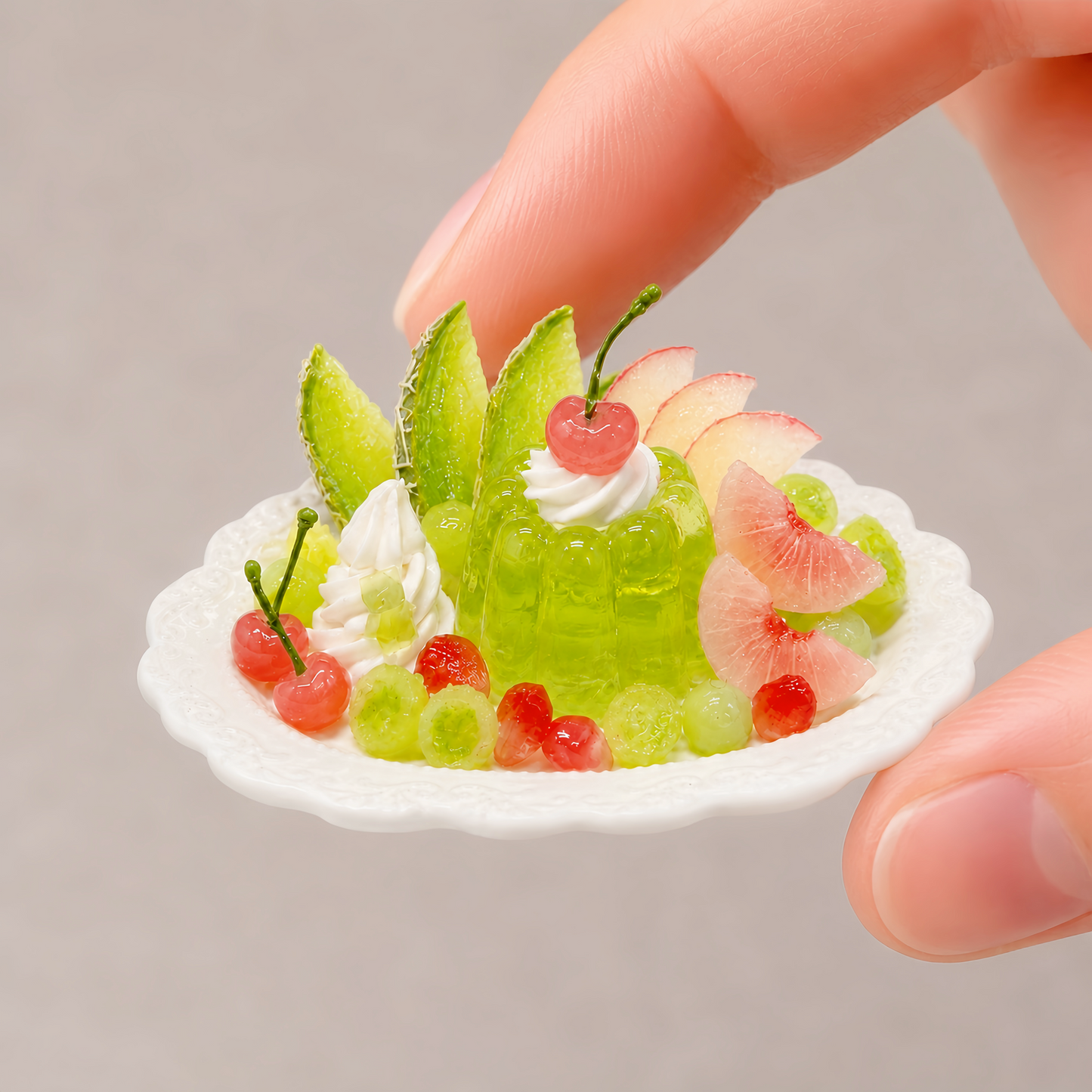 1:6 Scale Miniature Green Grape Jelly Café Set – Dollhouse Lime Parfait, Fig Cream Puff, Pastel Macarons & Grape Jelly Platter, Handmade Polymer Clay Bakery Food for Blythe BJD Diorama