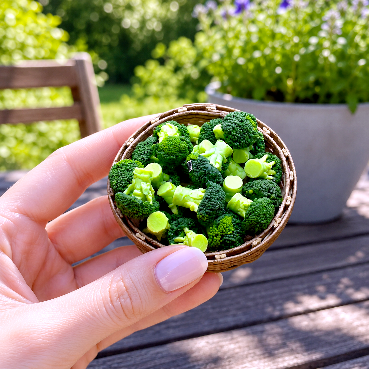 1:6 Scale Miniature Broccoli Basket Set – Dollhouse Realistic Chopped Broccoli Florets in Wicker Basket, Handmade Polymer Clay Kitchen Vegetable for Blythe BJD Diorama