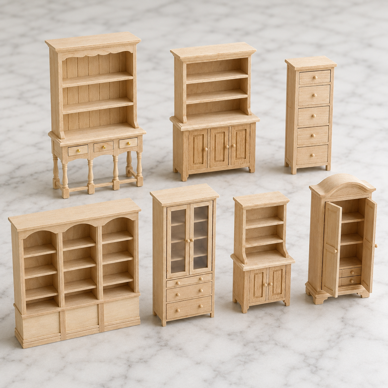 FDMINI Mini DIY Unfinished Wood Furniture – Paintable Miniature Bookshelf, Hutch, Cabinet & Wardrobe for 1:12 Scale Dollhouse, OB11 & BJD Scenes (7 Styles)