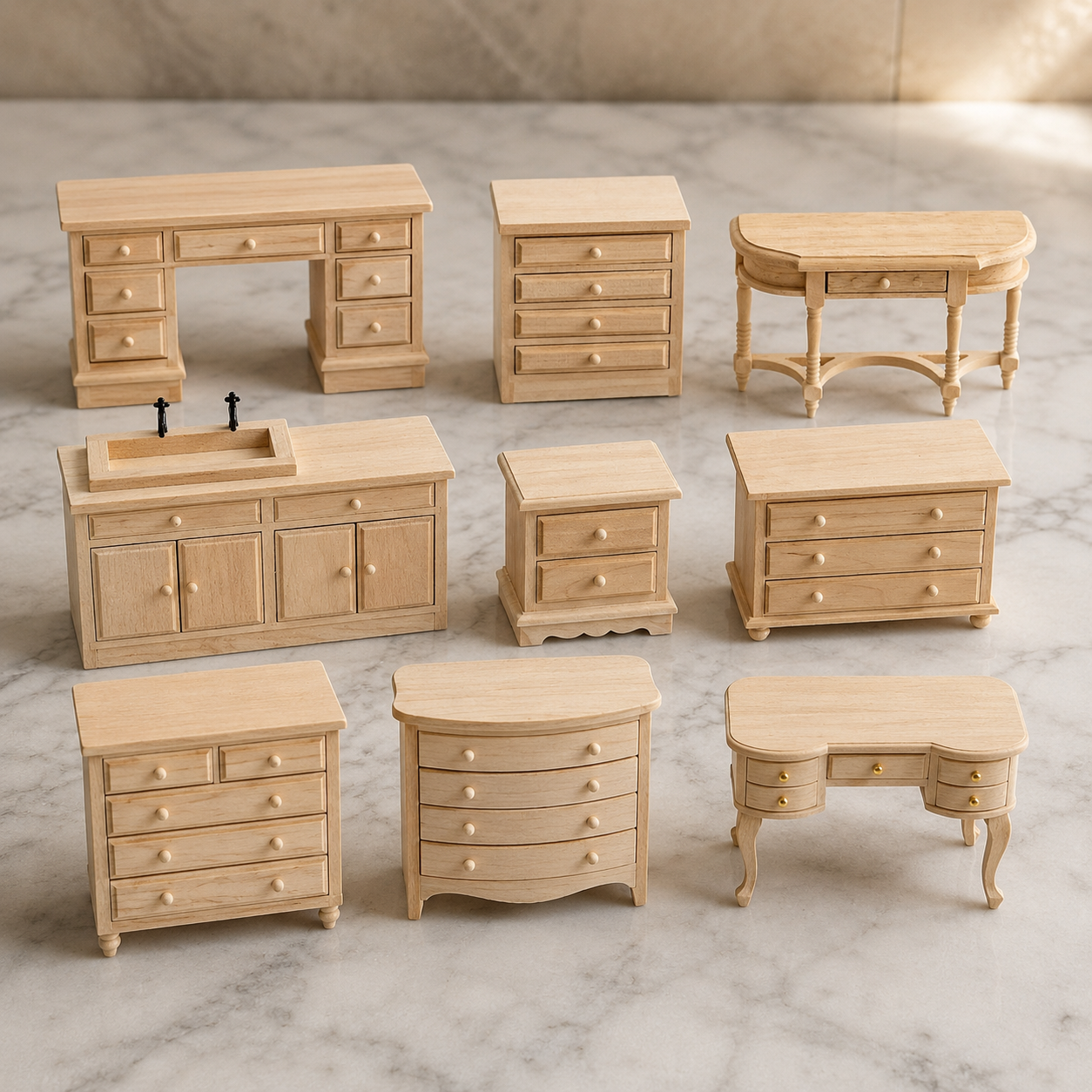 FDMINI Mini DIY Unfinished Wood Furniture – Paintable Miniature Dresser, Desk & Cabinet for 1:12 Scale Dollhouse, OB11 & BJD Scenes (9 Styles)