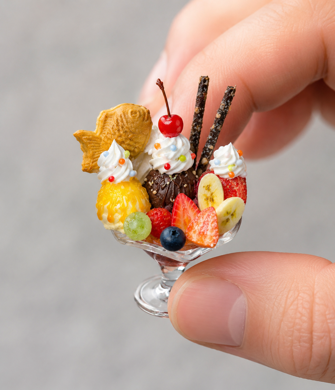 1:6 Scale Miniature Banana Split Sundae Cup Collection – 5 Styles Dollhouse Ice Cream Parfait with Taiyaki, Pretzel & Matcha, Handmade Polymer Clay Japanese Café Food for Blythe BJD Diorama
