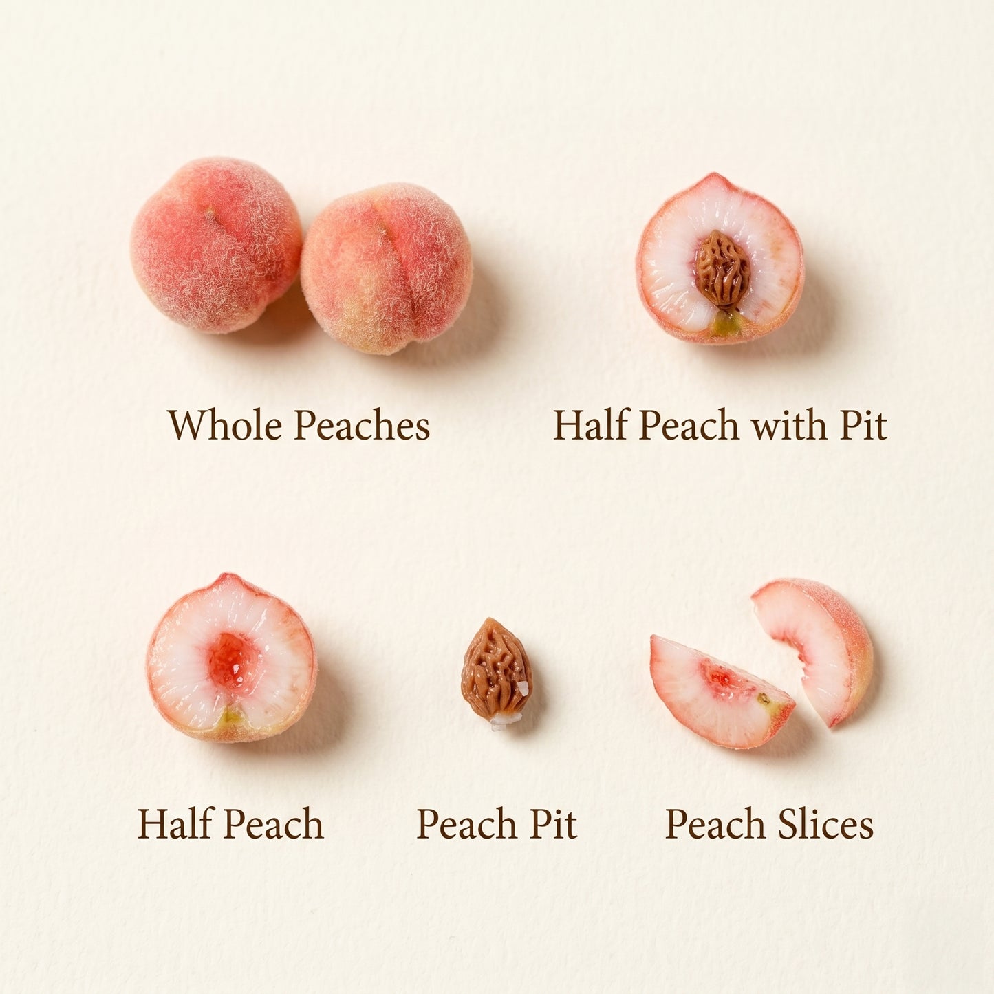 6Pcs Miniature White Peach Set – Hand-Sculpted 1:12 Scale Dollhouse Peaches with Fuzzy Skin, Halved Cross-Section, Pit and Slice, Realistic Tiny Fruit for Dioramas, Resin Jewelry & Polymer Clay Food Miniatures