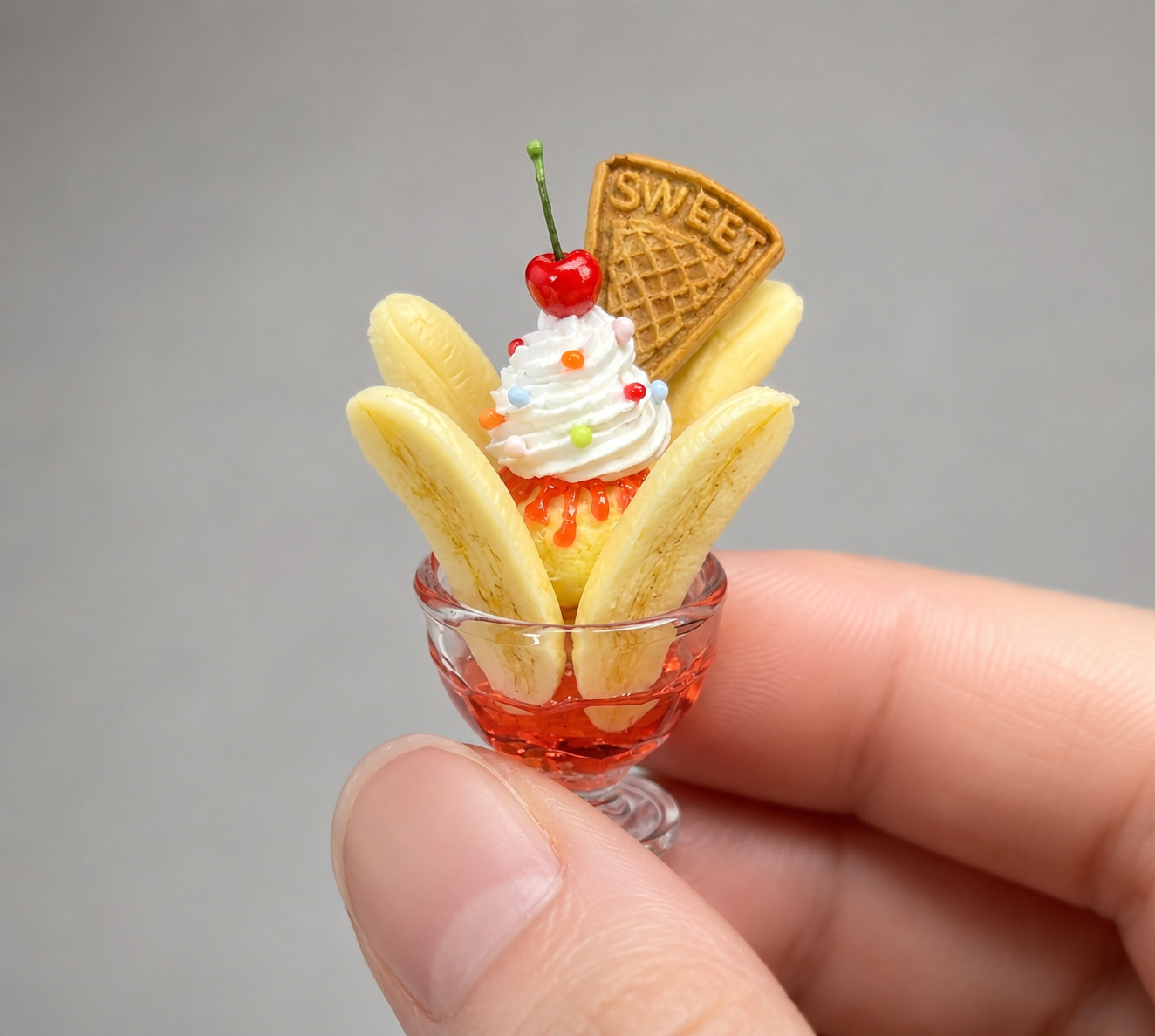 1:6 Scale Miniature Banana Split Sundae Cup Collection – 5 Styles Dollhouse Ice Cream Parfait with Taiyaki, Pretzel & Matcha, Handmade Polymer Clay Japanese Café Food for Blythe BJD Diorama