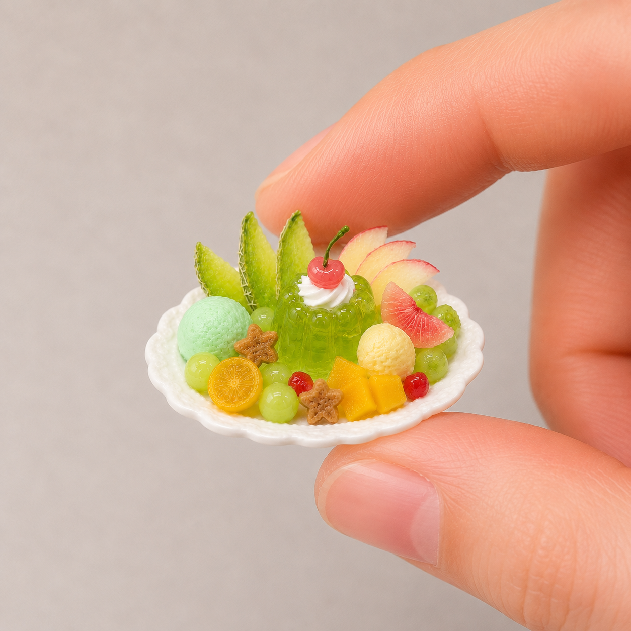 1:6 Scale Miniature Green Grape Jelly Café Set – Dollhouse Lime Parfait, Fig Cream Puff, Pastel Macarons & Grape Jelly Platter, Handmade Polymer Clay Bakery Food for Blythe BJD Diorama
