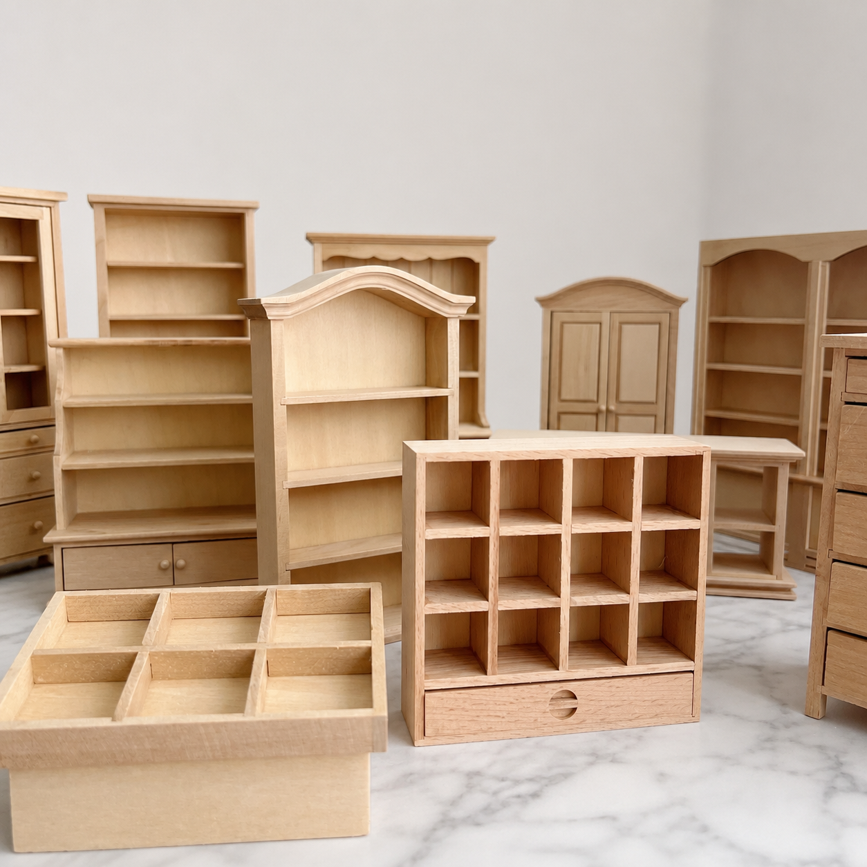 FDMINI Mini DIY Unfinished Wood Furniture – Paintable Miniature Bookshelf, Hutch, Cabinet & Wardrobe for 1:12 Scale Dollhouse, OB11 & BJD Scenes (7 Styles)