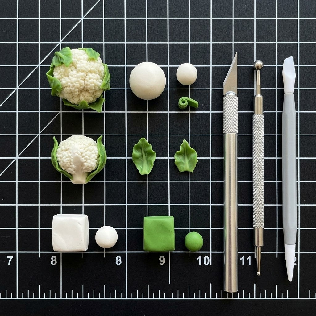 4Pcs Miniature Cauliflower Set – Hand-Sculpted 1:6 Scale Dollhouse Cauliflower with Textured Florets and Green Leaves, Realistic Tiny Vegetable for Blythe & Barbie Kitchen Dioramas, Resin Jewelry & Polymer Clay Food Miniatures