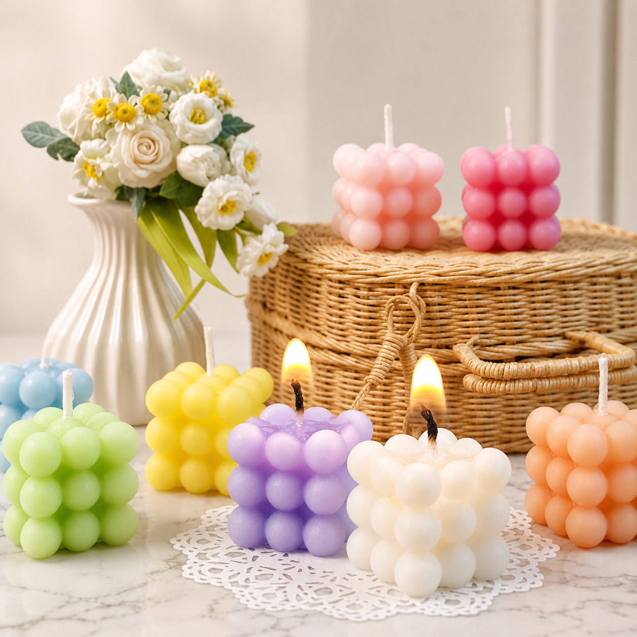 FDMINI Mini Bubble Cube Candles – Set of 8 Pastel Handmade Miniature Candles for 1:6 1:8 1:12 Scale Dollhouse, BJD & Blythe Scenes