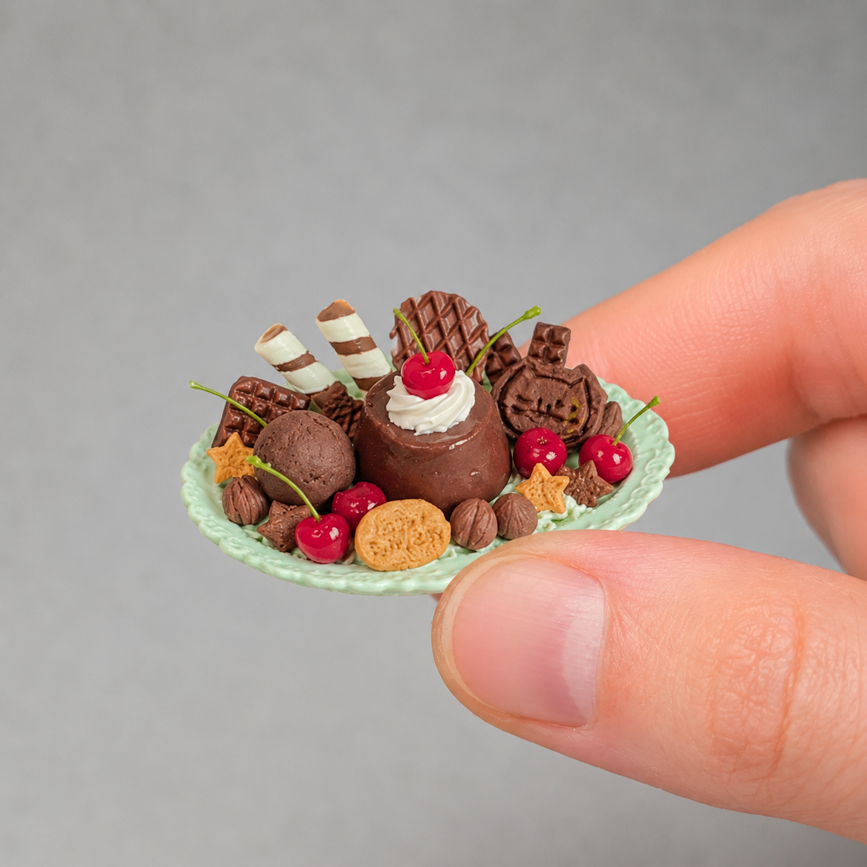 1:6 Scale Miniature Chocolate Mint Café Collection – 7 Styles Dollhouse Drip Cake, Chocolate Parfait, Cat Cookie Platter & Mint Latte, Handmade Polymer Clay Kawaii Food for Blythe BJD Diorama