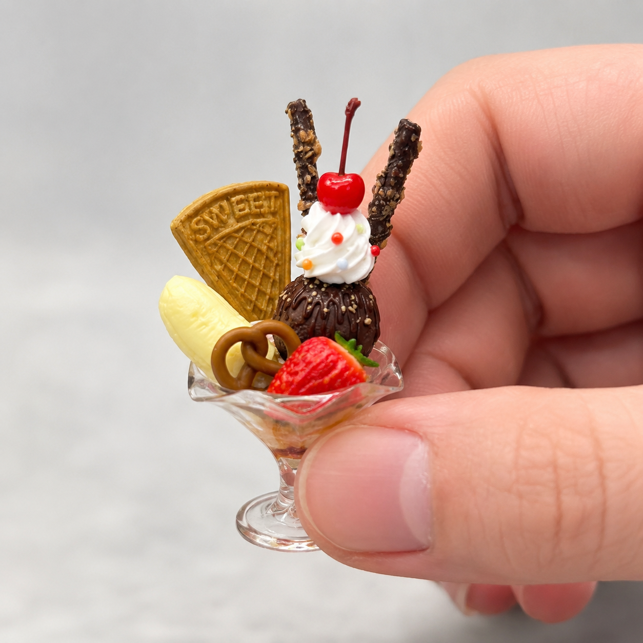 1:6 Scale Miniature Banana Split Sundae Cup Collection – 5 Styles Dollhouse Ice Cream Parfait with Taiyaki, Pretzel & Matcha, Handmade Polymer Clay Japanese Café Food for Blythe BJD Diorama
