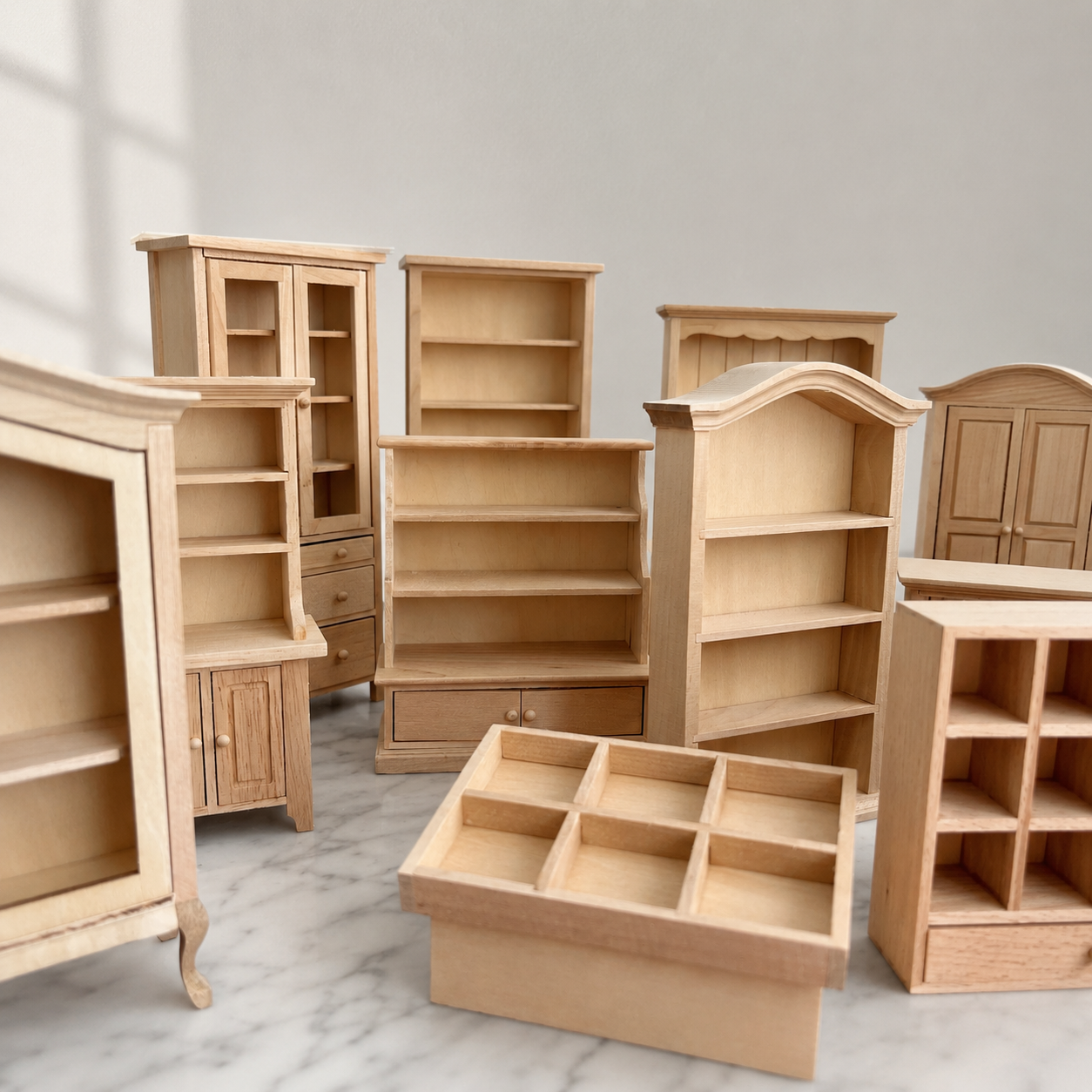 FDMINI Mini DIY Unfinished Wood Furniture – Paintable Miniature Bookshelf, Hutch, Cabinet & Wardrobe for 1:12 Scale Dollhouse, OB11 & BJD Scenes (7 Styles)