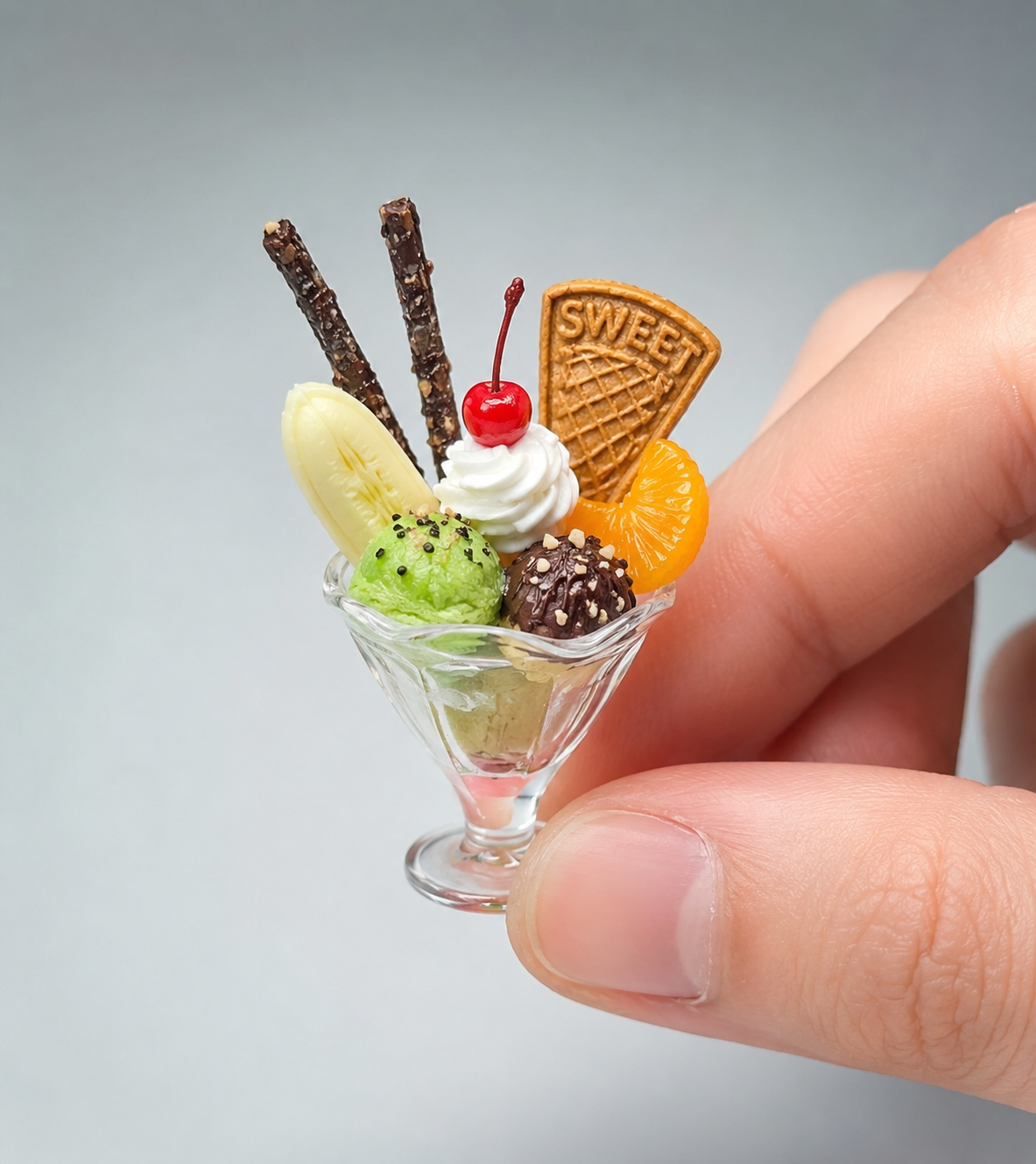 1:6 Scale Miniature Banana Split Sundae Cup Collection – 5 Styles Dollhouse Ice Cream Parfait with Taiyaki, Pretzel & Matcha, Handmade Polymer Clay Japanese Café Food for Blythe BJD Diorama