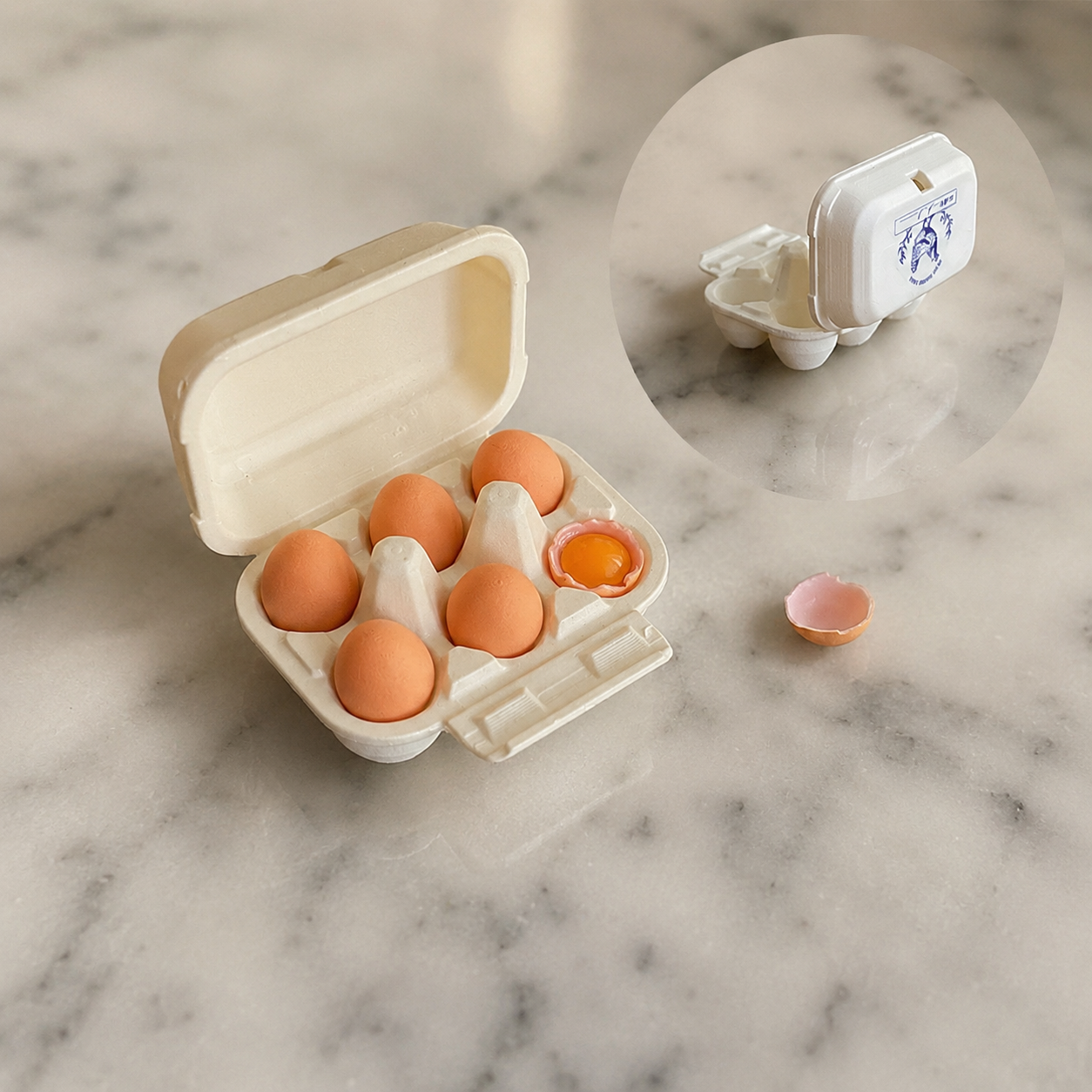 FDMINI Mini Egg Carton with Eggs – Miniature Realistic Egg Box Food Prop for 1/6 1/8 Scale Dollhouse & BJD Kitchen Scenes