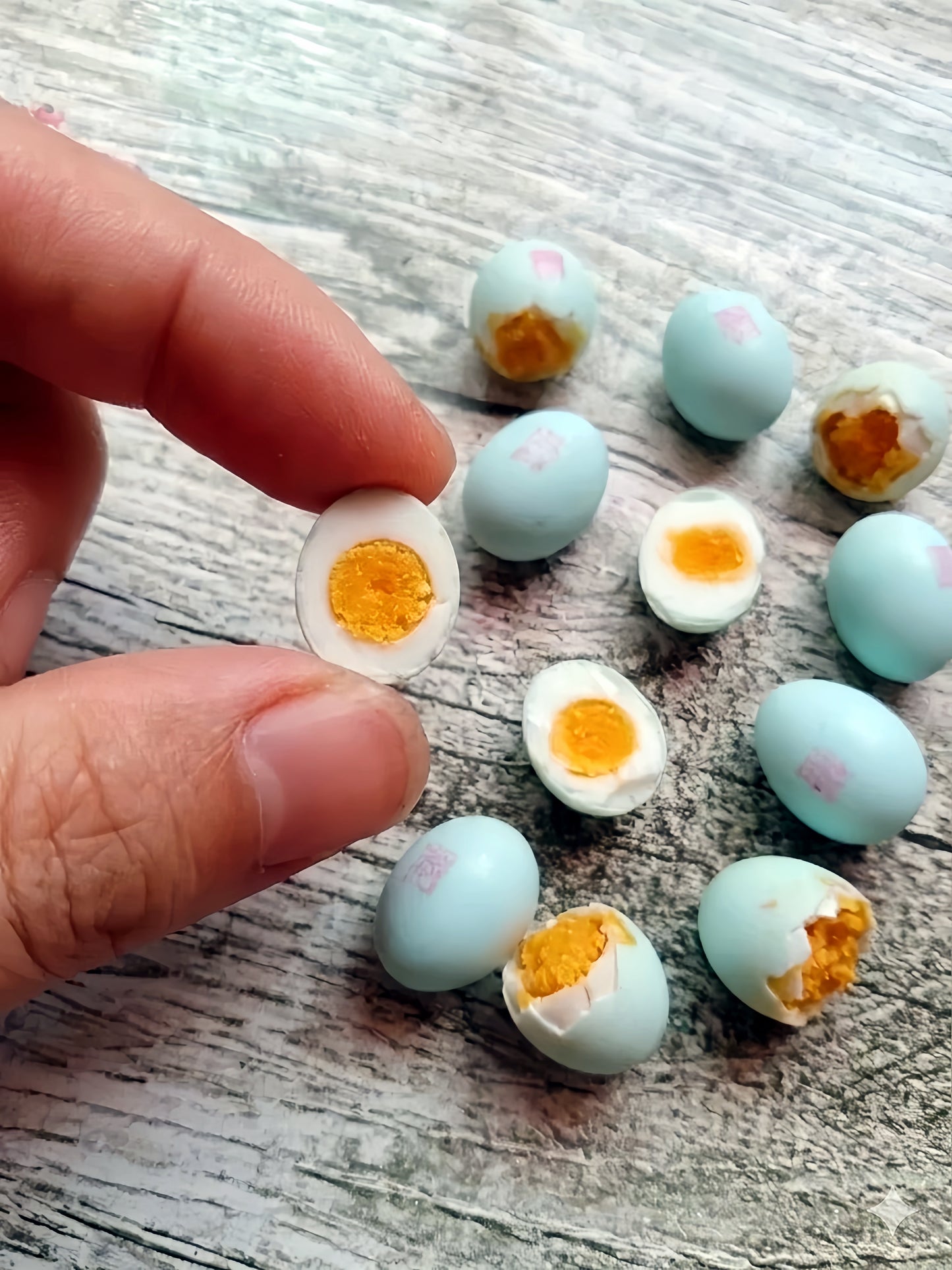 7Pcs Miniature Salted Duck Egg Set – Hand-Sculpted 1:6 Scale Chinese Salted Eggs, Whole, Halved and Cracked with Golden Yolk, Realistic Tiny Asian Food for Blythe & Barbie Dioramas, Resin Jewelry & Polymer Clay Food