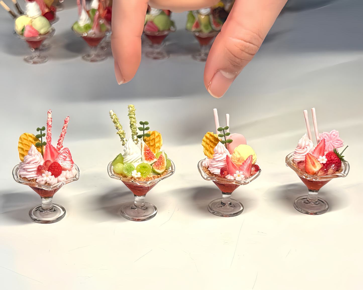 1:6 Scale Miniature Sundae Cup Collection – 4 Styles Dollhouse Ice Cream Parfait with Strawberry, Fig & Sakura, Handmade Polymer Clay Café Food for Blythe BJD Diorama