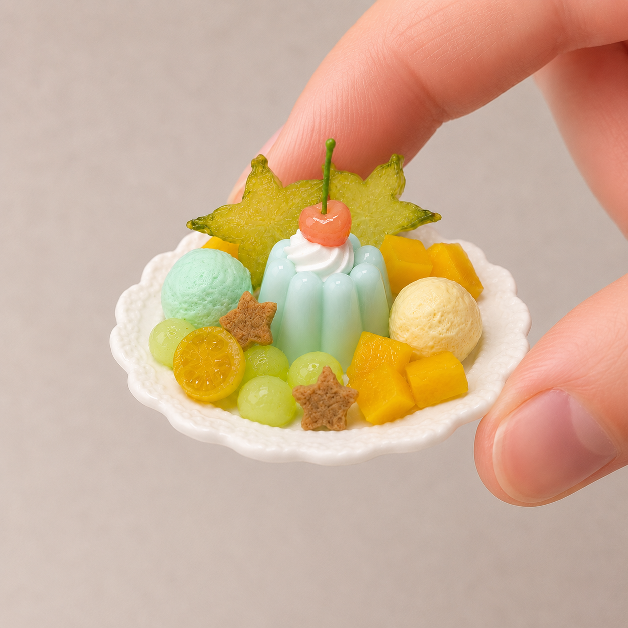 1:6 Scale Miniature Mint & Tropical Fruit Dessert Set – Dollhouse Fig Tart, Grape Parfait, Mint Jelly Plate & Chocolate Mint Cupcake, Handmade Polymer Clay Café Food for Blythe BJD Diorama