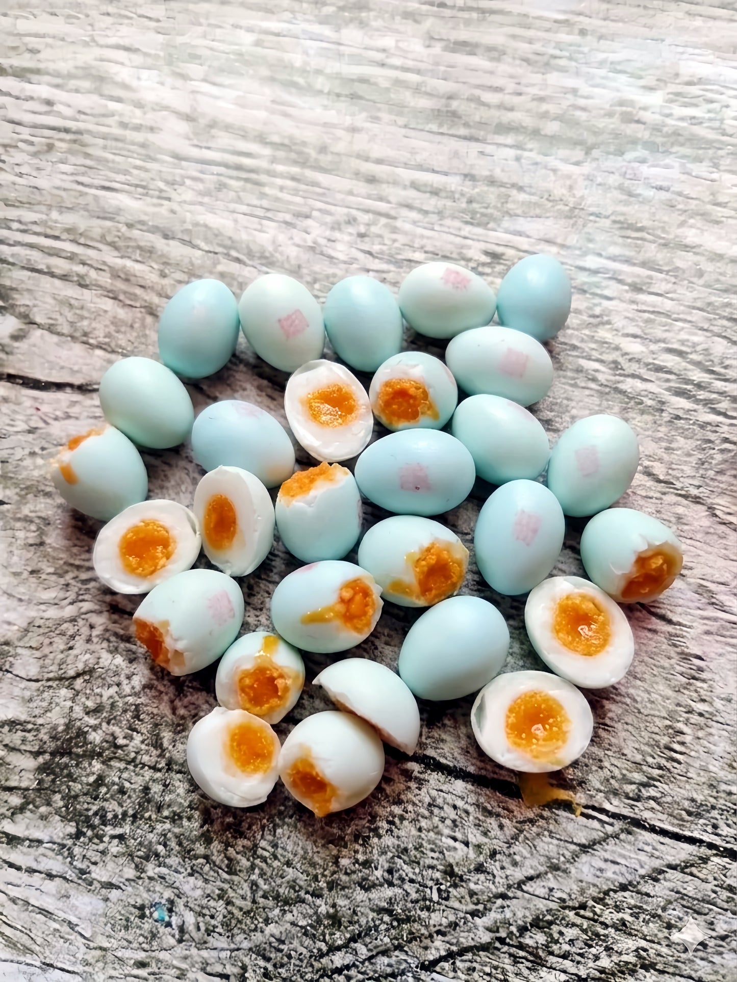 7Pcs Miniature Salted Duck Egg Set – Hand-Sculpted 1:6 Scale Chinese Salted Eggs, Whole, Halved and Cracked with Golden Yolk, Realistic Tiny Asian Food for Blythe & Barbie Dioramas, Resin Jewelry & Polymer Clay Food