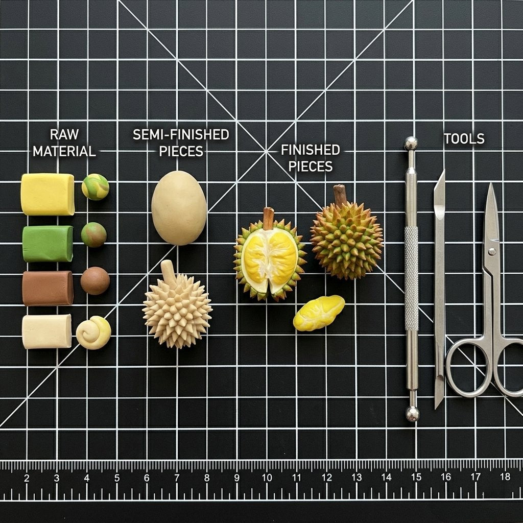 4Pcs Miniature Durian Set – Hand-Sculpted 1:6 Scale Dollhouse Durian with Spiky Shell, Cut Open and Loose Flesh Pods, Realistic Tiny Southeast Asian Fruit for Blythe & Barbie Dioramas, Resin Jewelry & Polymer Clay Food Miniatures