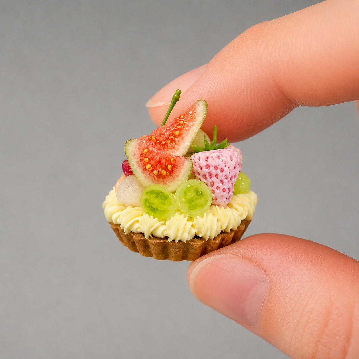 1:6 Scale Miniature Mint & Tropical Fruit Dessert Set – Dollhouse Fig Tart, Grape Parfait, Mint Jelly Plate & Chocolate Mint Cupcake, Handmade Polymer Clay Café Food for Blythe BJD Diorama