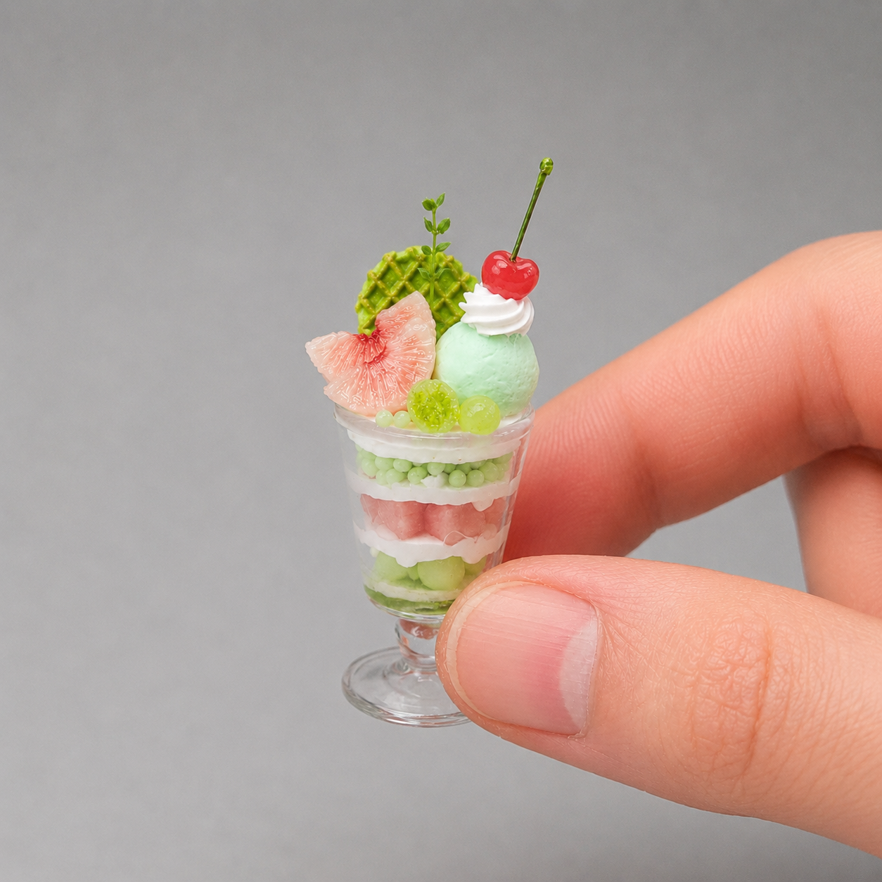 1:6 Scale Miniature Mint & Tropical Fruit Dessert Set – Dollhouse Fig Tart, Grape Parfait, Mint Jelly Plate & Chocolate Mint Cupcake, Handmade Polymer Clay Café Food for Blythe BJD Diorama