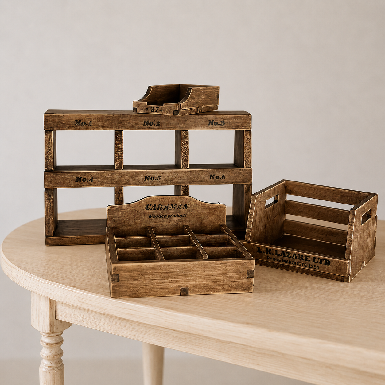 FDMINI Mini Vintage Wooden Storage Set – 4-Piece Handmade Miniature Shelf, Crate & Divided Box in Rustic Brown for 1:6 1:8 Scale Dollhouse, BJD & Blythe