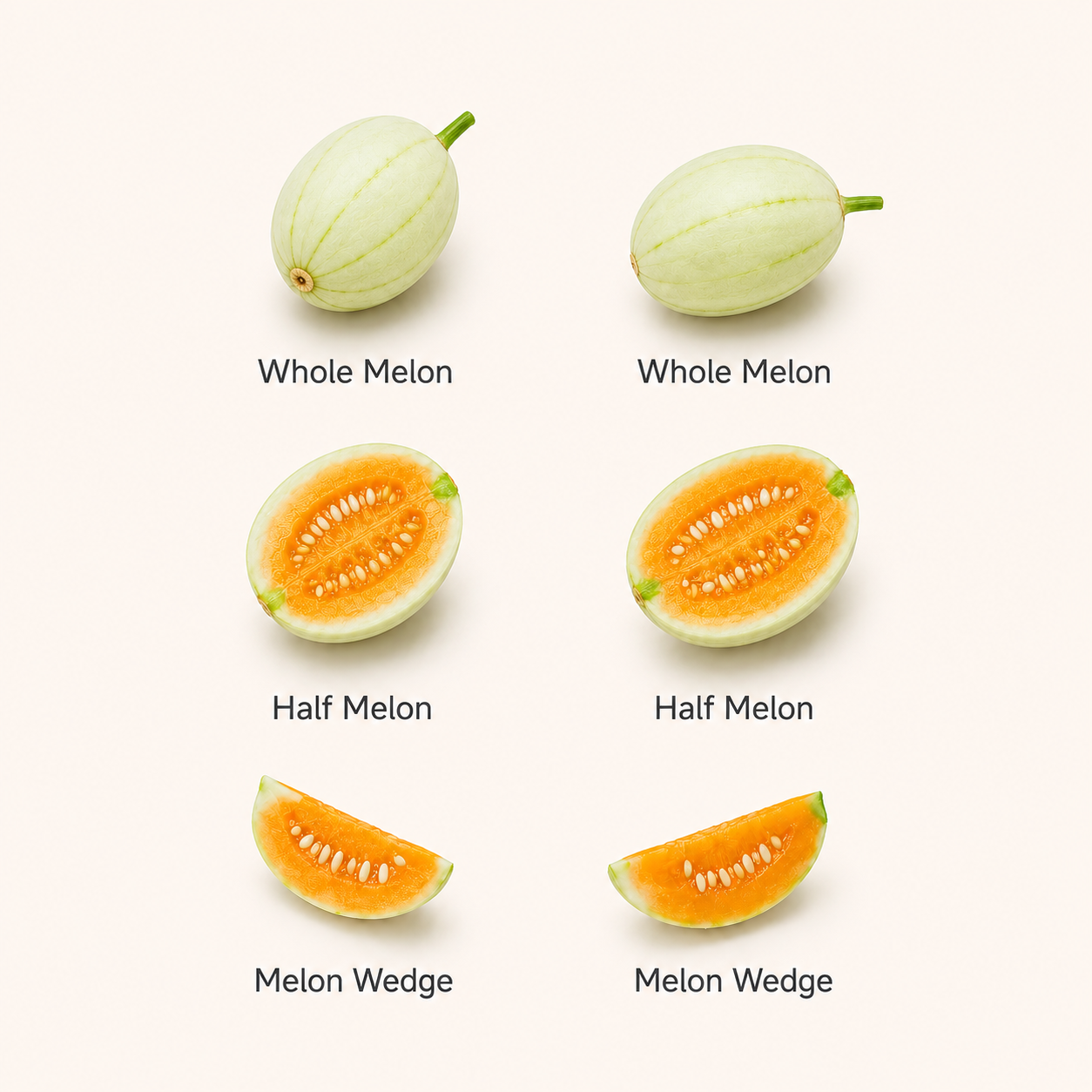 6Pcs Miniature Melon Set – Hand-Sculpted 1:6 Scale Cantaloupe, Whole, Halved and Wedged with Cross-Section Seeds, Realistic Tiny Orange-Flesh Fruit for Blythe & Barbie Dioramas, Resin Jewelry & Polymer Clay Food